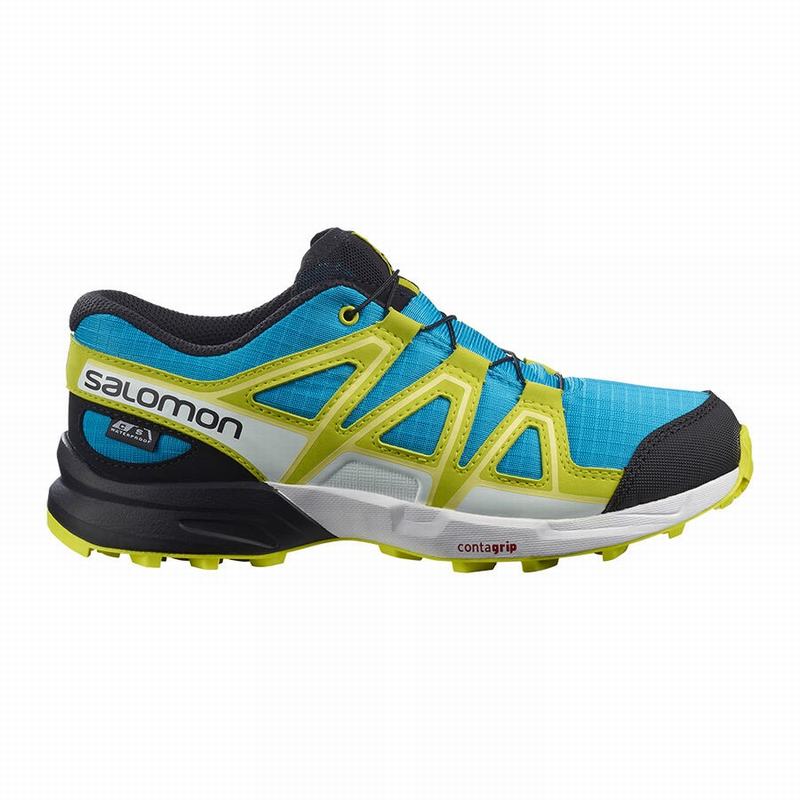 Salomon SPEEDCROSS CLIMASALOMON™ WATERPROOF - Kids Trail Running Shoes - Blue/Green - NZ (76029-OQUP